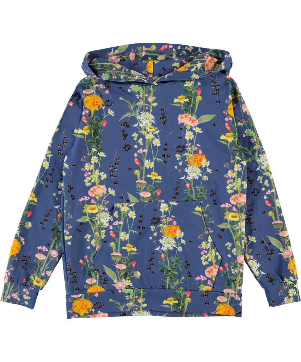 Rhona - Vertical Flowers - Öko blauer Hoodie mit Blumen