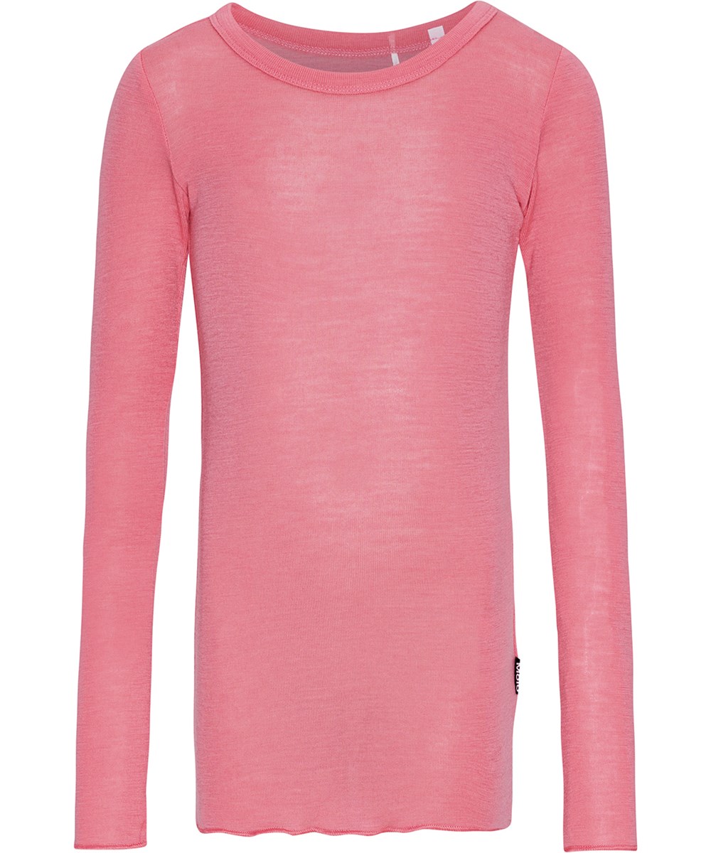 Rihanna Wool - Flamingo Plume - Rosa Merinowollbluse mit figurbetontem Schnitt und Babynähten.