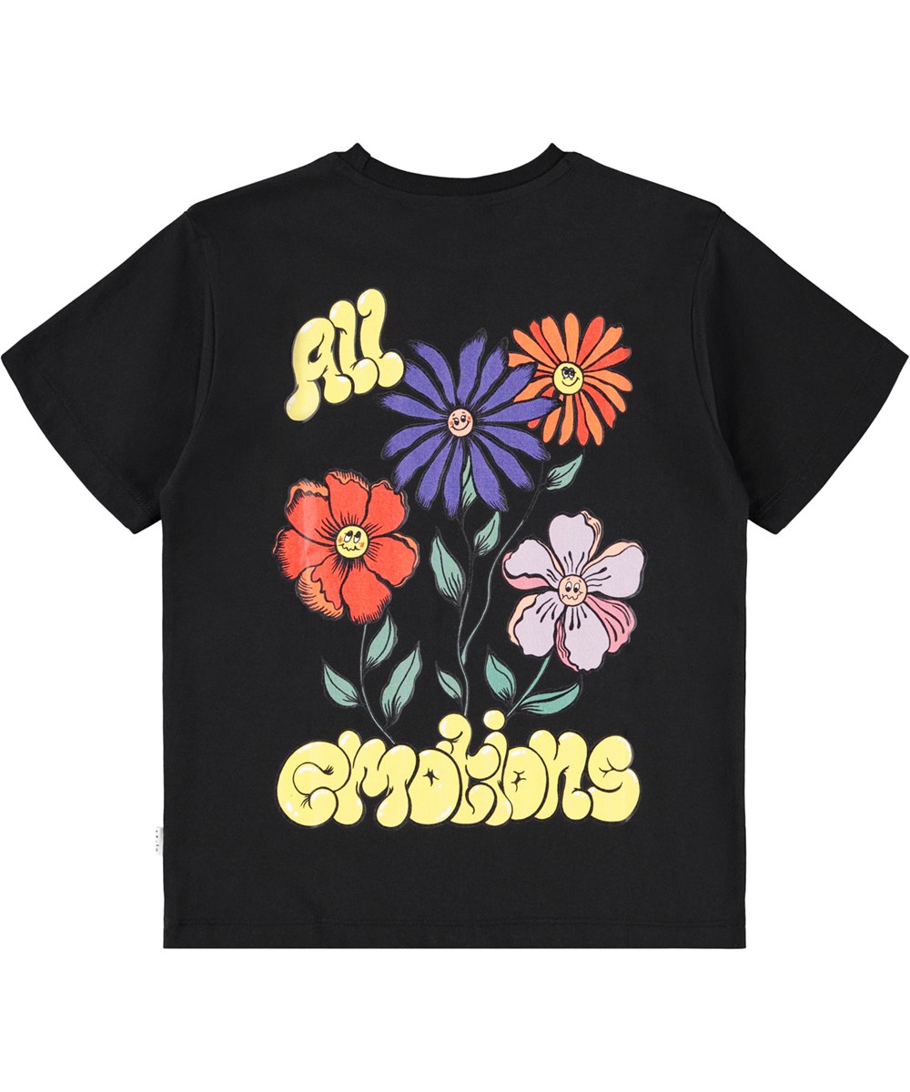 Riley - All Emotions - Schwarzes T-Shirt für Kinder aus weicher Öko-Baumwolle mit kurzen Ärmeln und geripptem Ausschnitt.