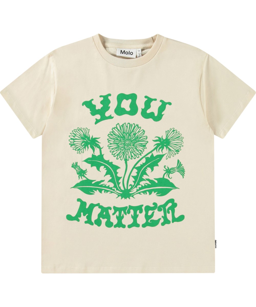 Riley - Green Dandelion - Off-weißes T-Shirt mit Druck für Kinder aus weicher Öko-Baumwolle mit kurzen Ärmeln und geripptem Ausschnitt.