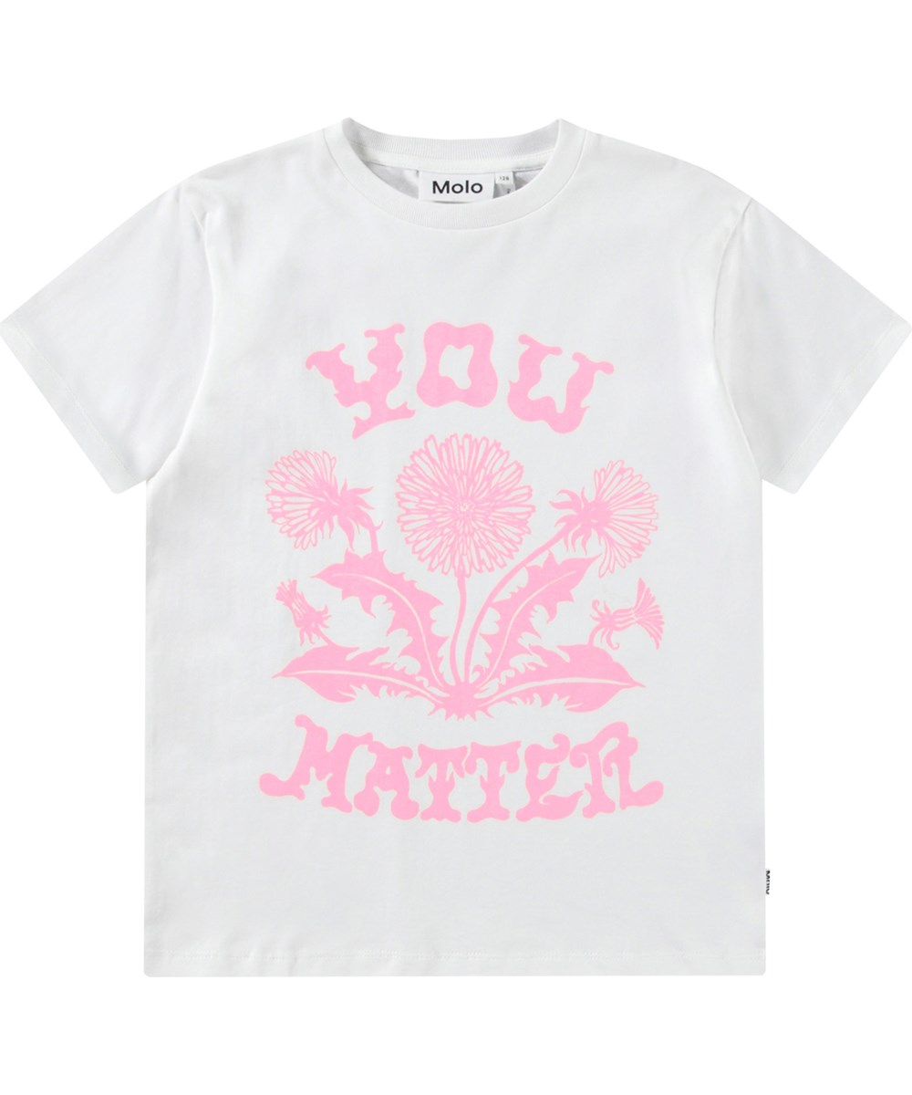 Riley - Pink Dandelion - Weißes T-Shirt mit Aufdruck für Kinder aus weicher Öko-Baumwolle mit kurzen Ärmeln und geripptem Ausschnitt.