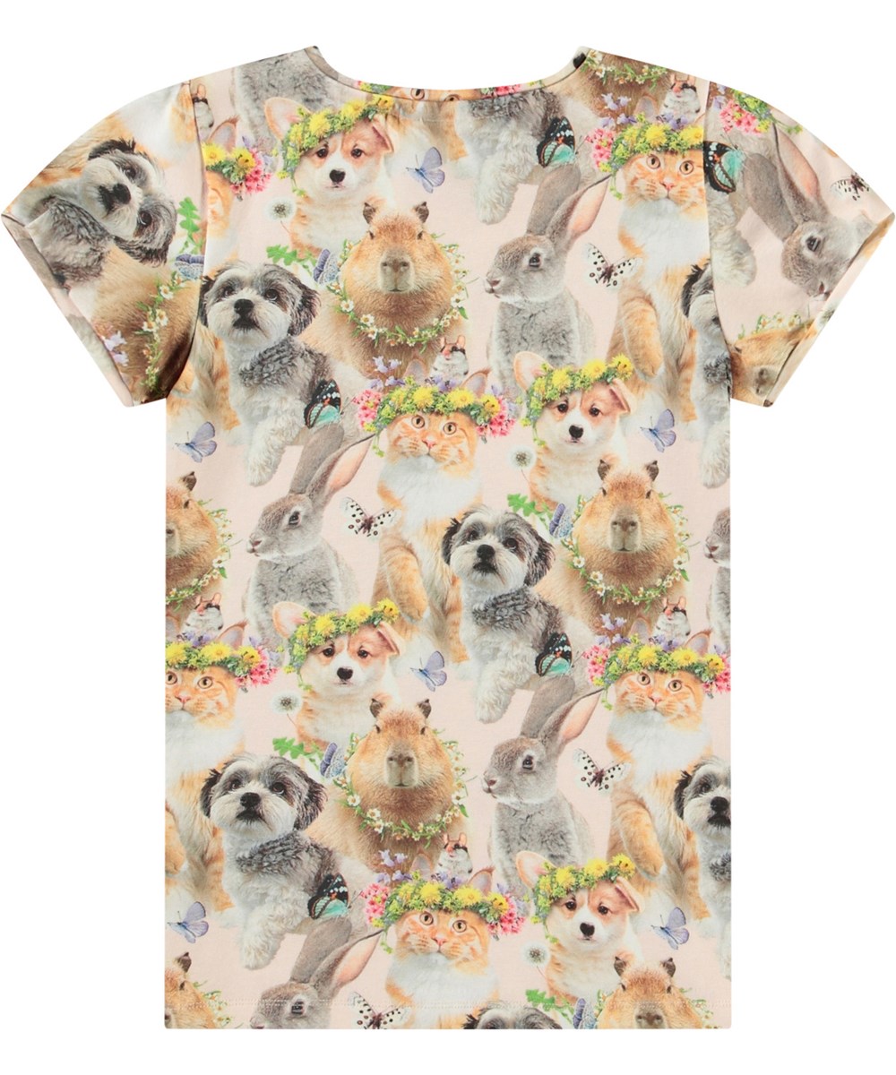 Rimona - Festival Friends - Eng anliegendes T-Shirt mit Druck für Kinder aus weicher Öko-Baumwolle mit einem Rundhalsausschnitt und kleinen kurzen Puffärmeln.