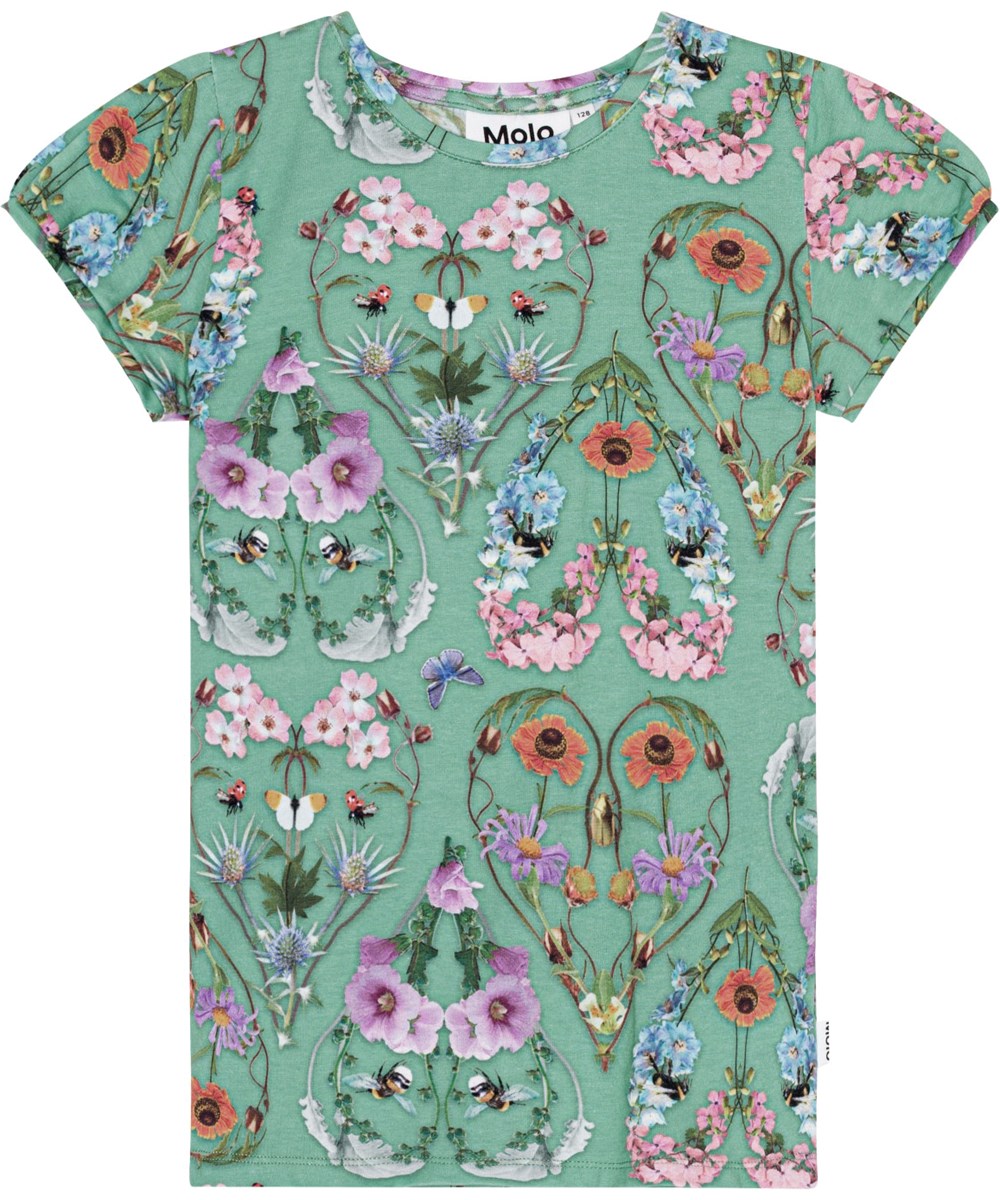 Rimona - With Love - Grünes, eng anliegendes T-Shirt aus Öko-Baumwolle mit Allover-Print