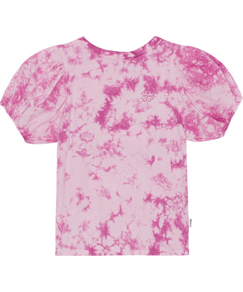 Ritta - Purple Tie Dye - Lilafarbenes Batik-T-Shirt aus weichem Öko-Baumwolljersey mit voluminösen, kurzen Ärmeln