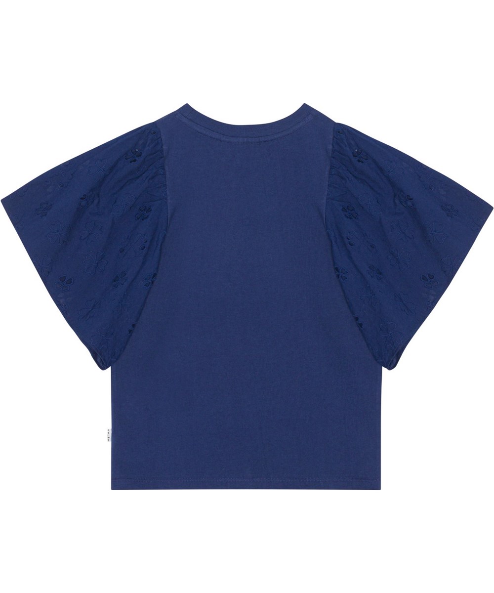 Ritza - Ink Blue - Dunkelblaues Top aus Öko-Baumwolle mit kurzen Ärmeln mit Lochstickerei