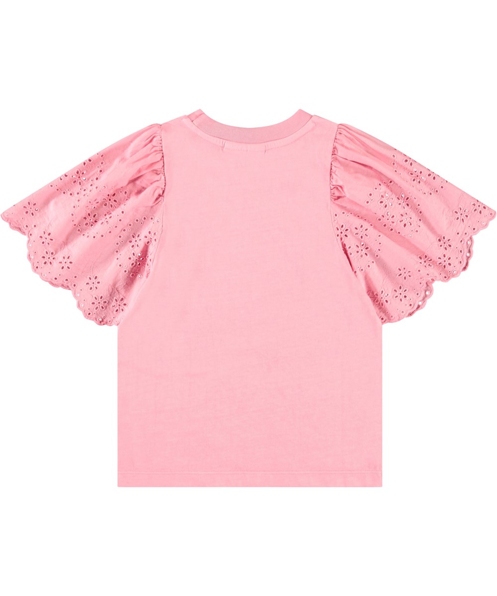 Ritza - Pink Lemonade - Rosa T-Shirt für Kinder aus weicher Öko-Baumwolle mit geripptem Ausschnitt und Schmetterlingsärmeln mit Broderie Anglaise Stickerei.