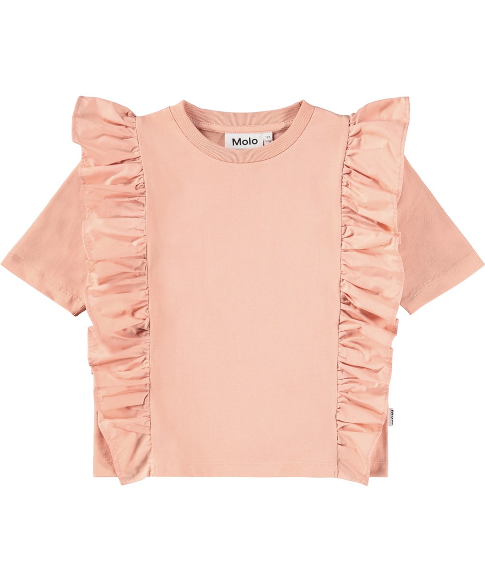 Riva - Rose Cloud - Puderfarbenes, eng anliegendes T-Shirt für Kinder aus weicher Bio-Baumwolle mit Rüschenkante.