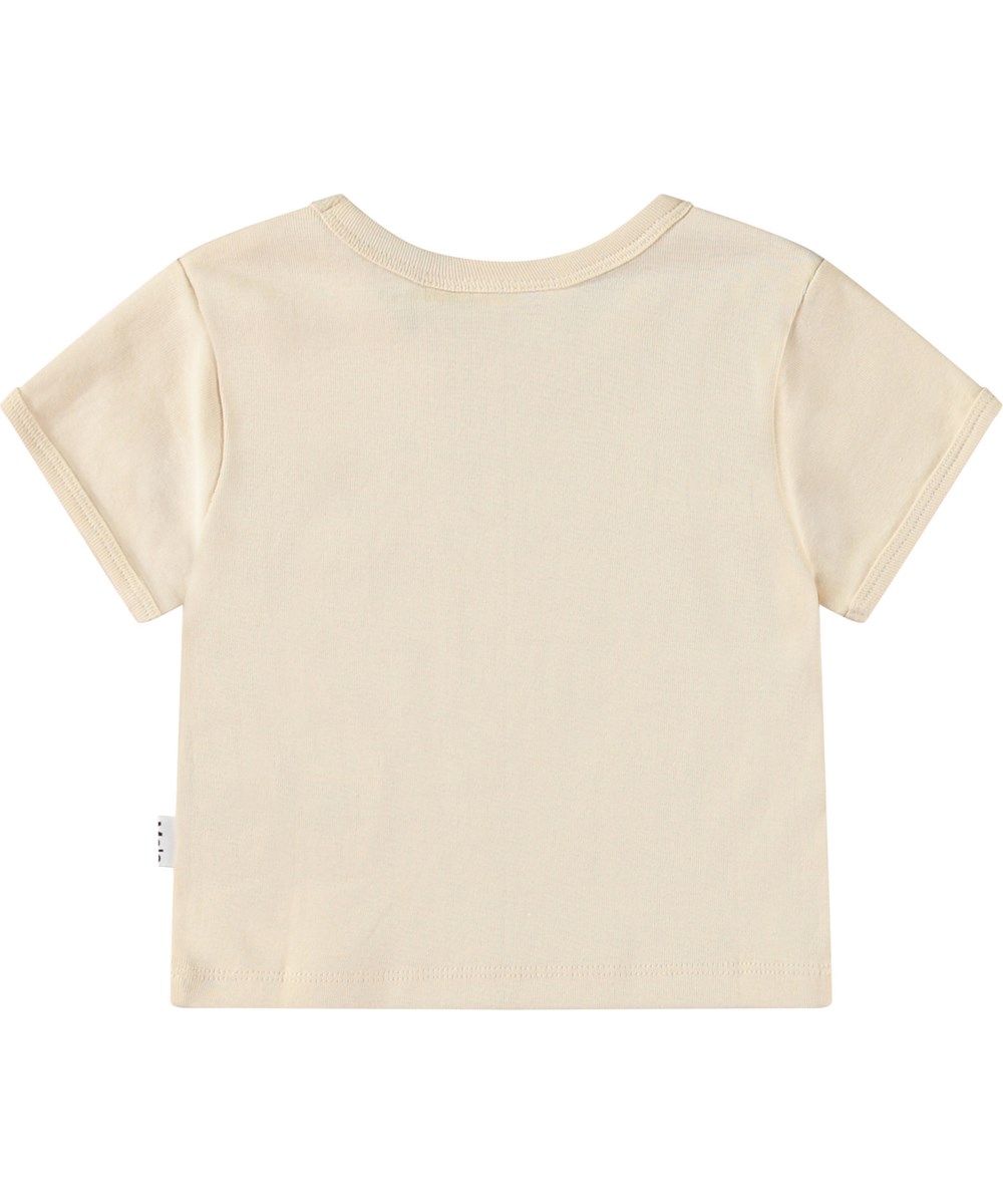 Rizzo - You Matter Multi - Beiges bauchfreies T-Shirt aus Öko-Baumwolle mit Rundhalsausschnitt und gerippten Kanten.