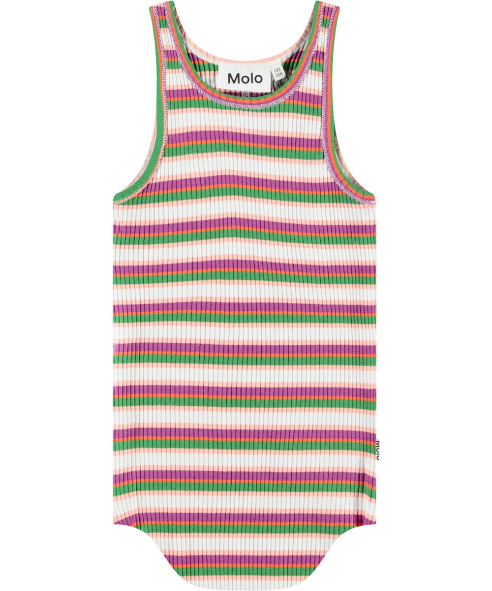 Roberta - Jungle Stripe - Gestreiftes, mehrfarbiges Tanktop für Kinder aus weichem Öko-Baumwollripp mit Rundhalsausschnitt.