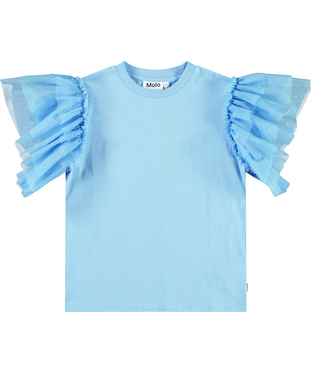 Robyn - Day Sky - Hellblaues T-Shirt für Kinder aus weicher Öko-Baumwolle mit geripptem Ausschnitt und Tüllärmeln.