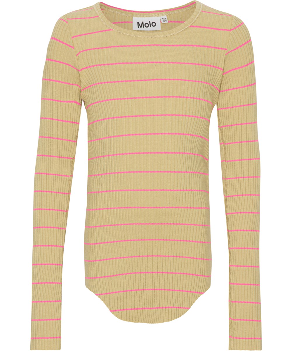 Rochelle - Cardboard Pink - Langärmlige, gelb und rosa gestreifte Bluse in Rippenstrick