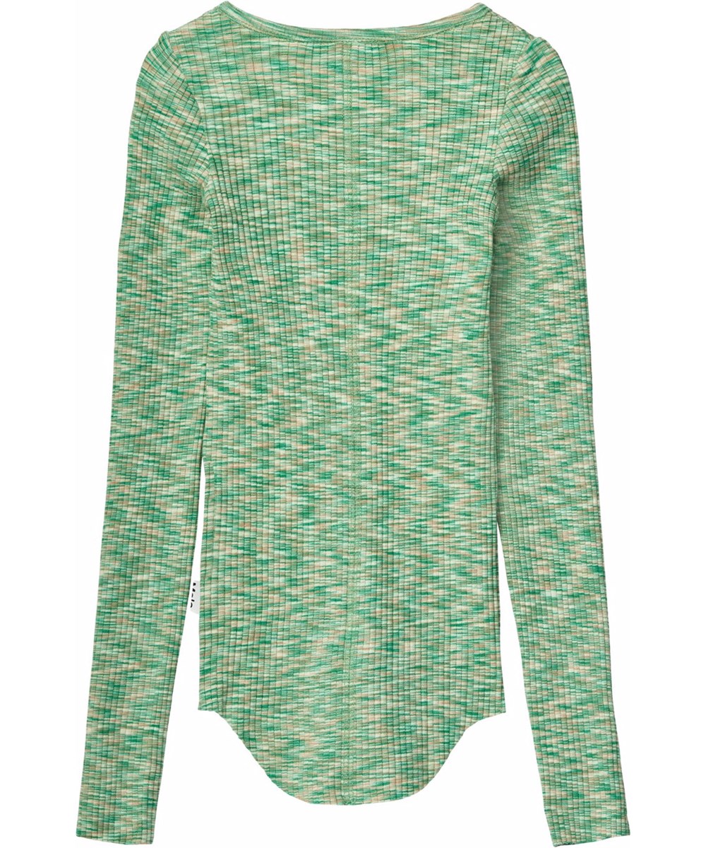 Rochelle - Green Mouliné - Grünes Langarmshirt für Kinder aus dehnbarem Öko-Baumwollripp mit enganliegendem Schnitt, Rundhalsausschnitt, rohen Kanten an beiden Ärmeln mit Daumenlöchern.