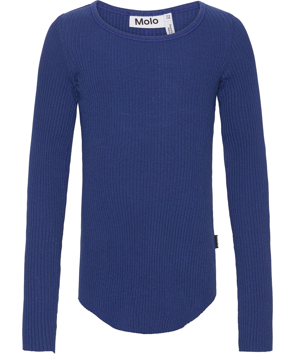 Rochelle - Ink Blue - Blaues Langarmshirt aus weicher Öko-Baumwolle in elastischem Rippstrick