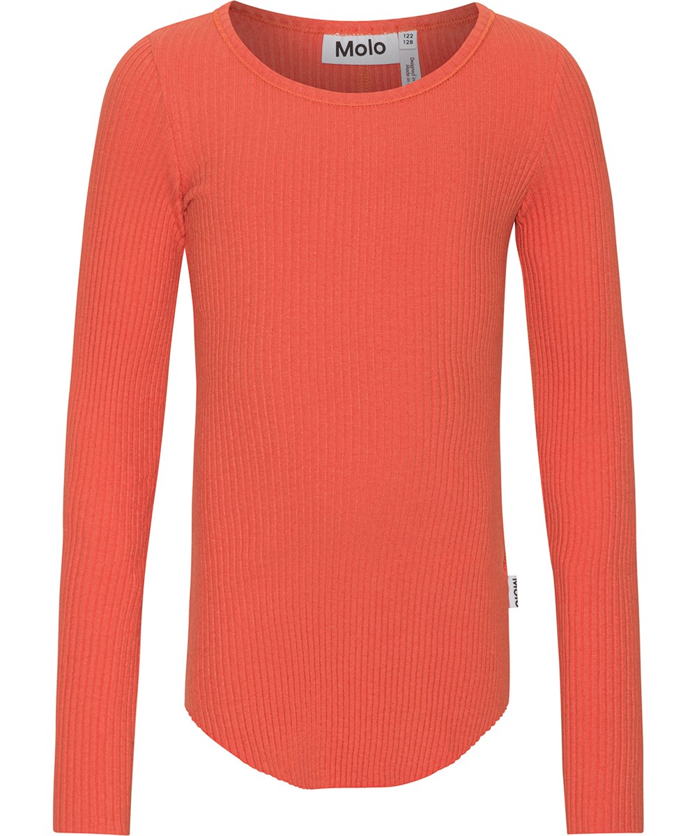 Rochelle - Red Clay - Rotes Langarmshirt aus weicher Öko-Baumwolle in elastischem Rippstrick