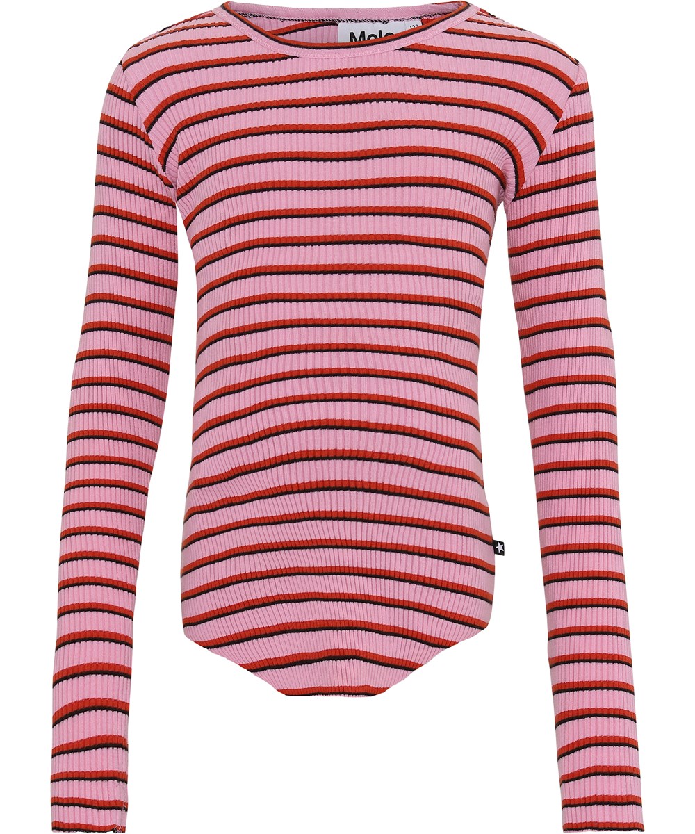 Rochelle - Pink Red Stripe - Pink und rot gestreifte Öko-Rippbluse