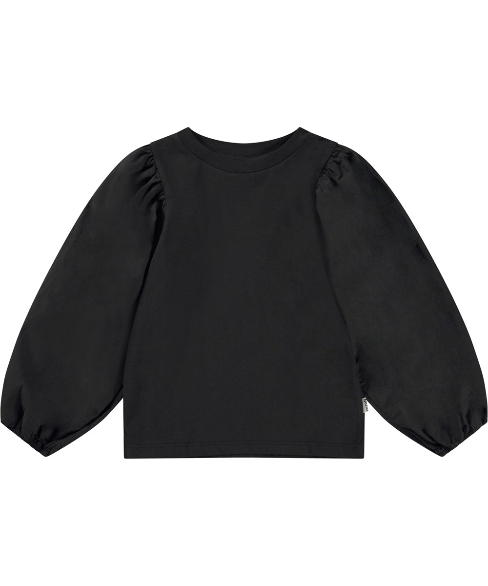 Rominda - Black - Schwarze Öko-Bluse mit Puffärmeln.