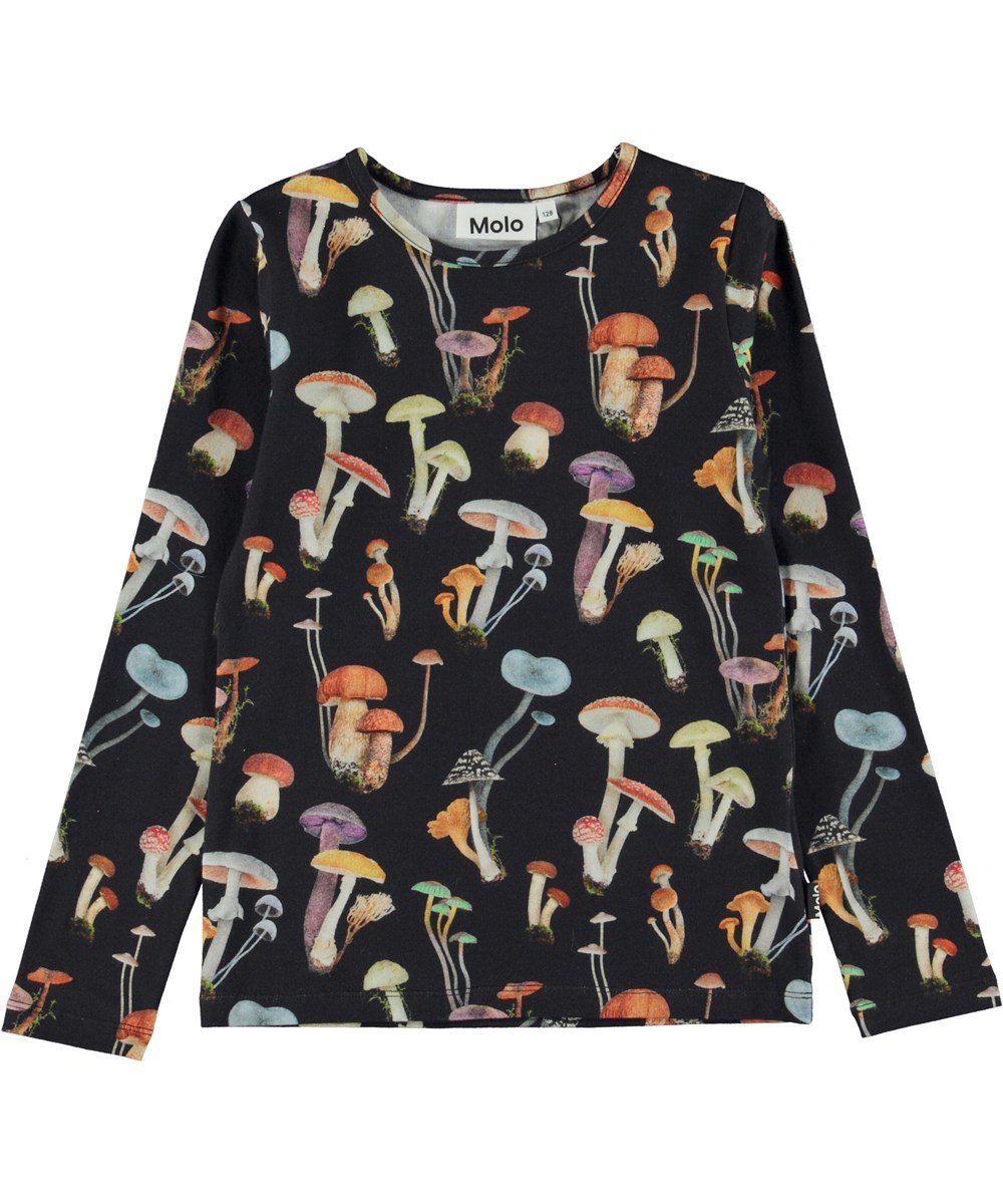 Rose - Fantastic Fungi - Schwarzes Öko Langarmshirt mit Allover-Pilzdruck