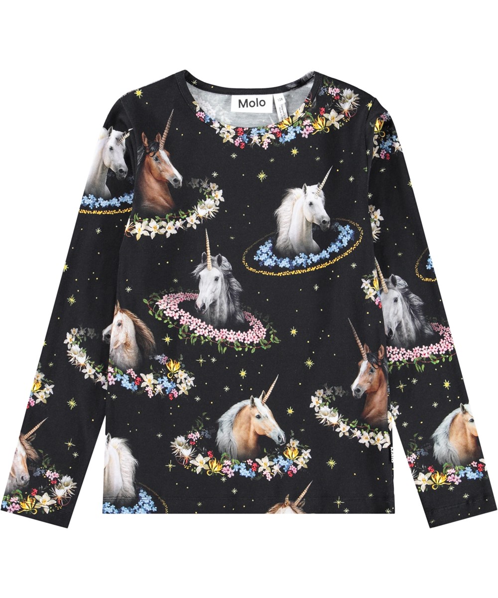Rose - Magical Galaxies - Schwarze langärmelige Bluse für Kinder aus Bio-Baumwolle mit Rundhalsausschnitt und Saumband.
