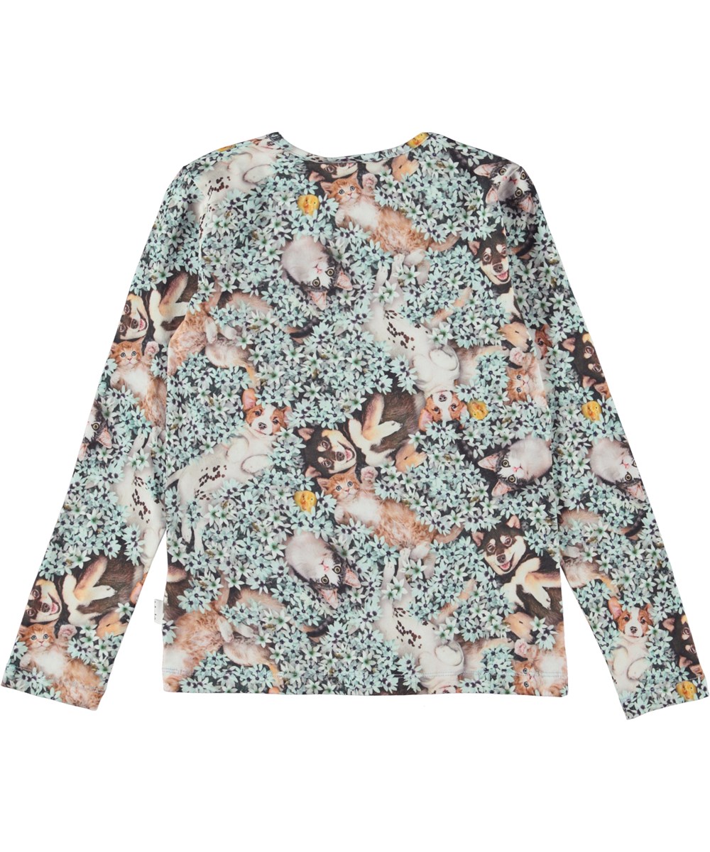 Rose - Park Life - Öko-Langarmbluse mit blauen Blumen und Tiere-Print