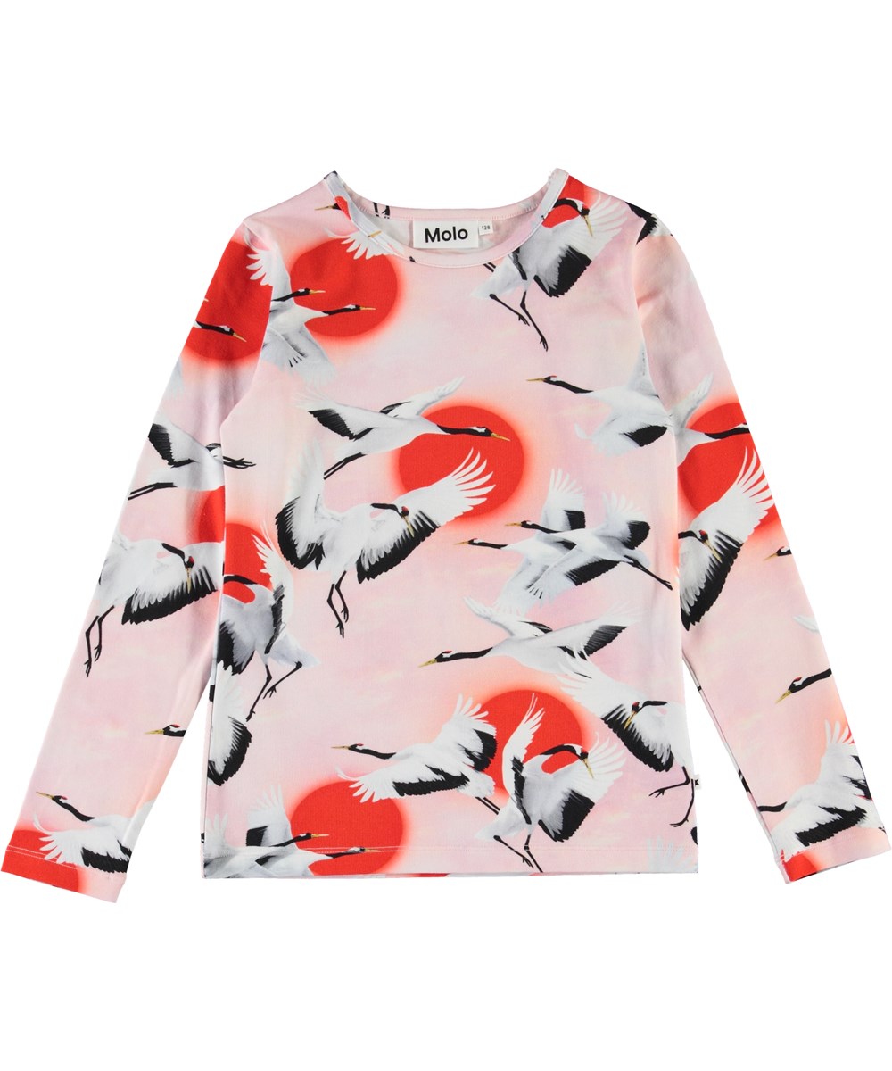 Rose - Sunrise Cranes - Rosa Öko-Bluse mit Störchen