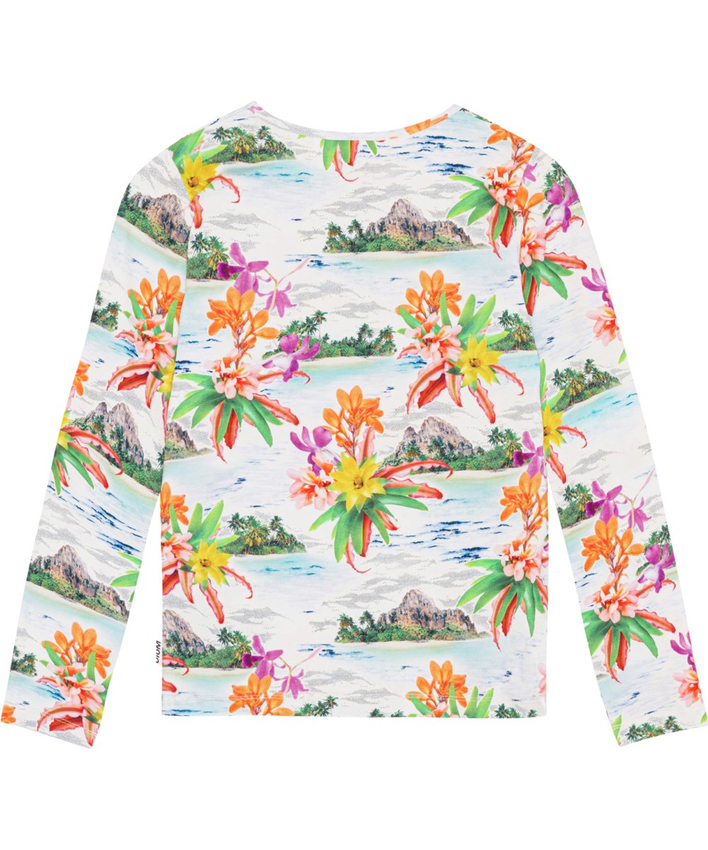 Rose - Tropical Islands - Langarmshirt aus Öko-Baumwolle mit einem Aufdruck aus einsamen Inseln und bunten Blumen.