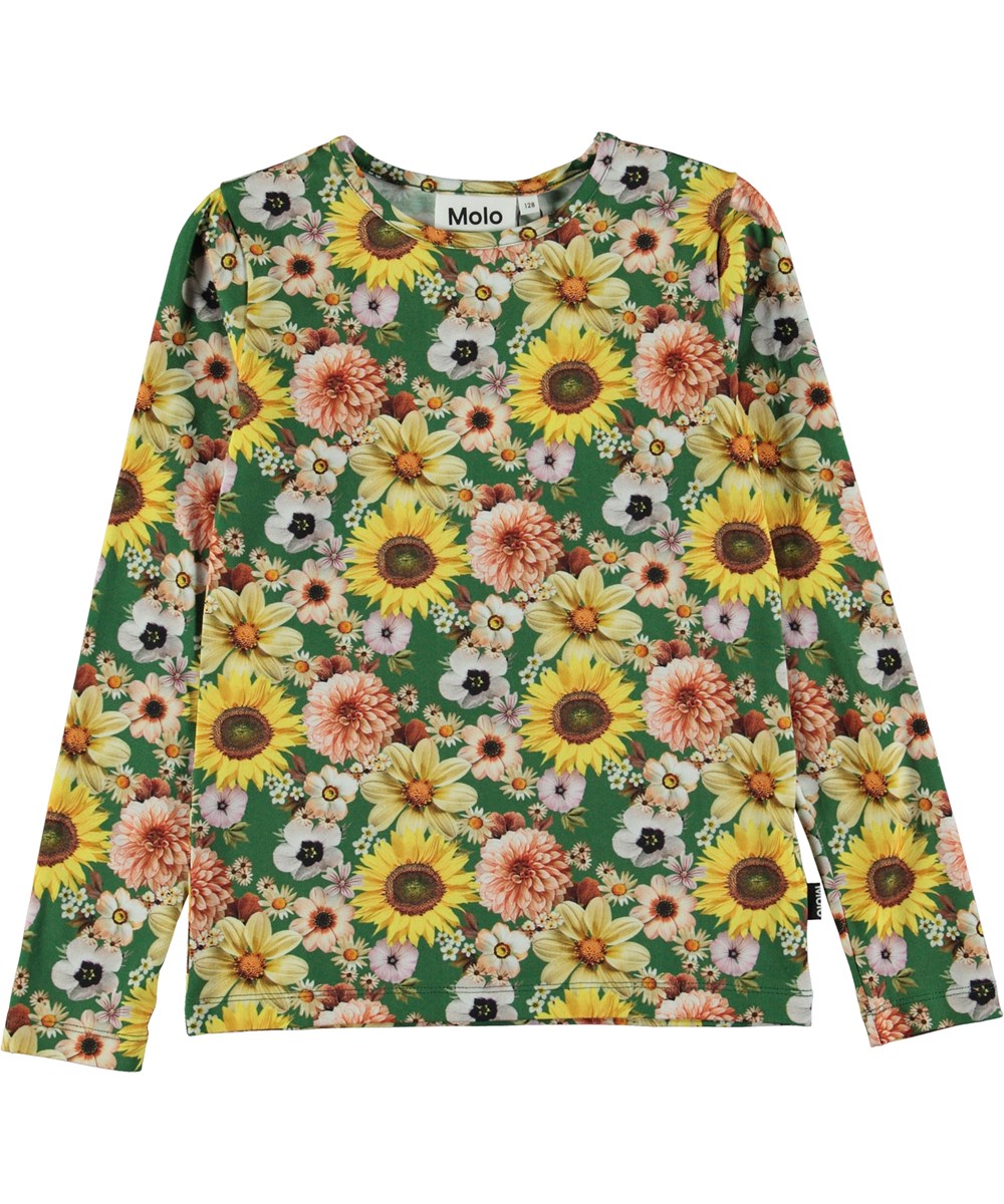 Rose - Vintage Floral - Grünes Öko-Langarmshirt mit Allover-Blumendruck