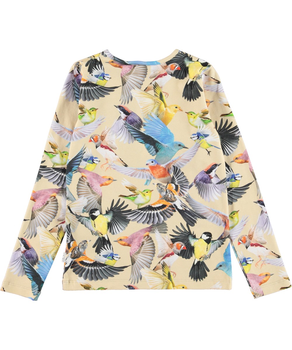 Rose - Whimsical - Hellgelbes Öko-Langarmshirt mit Vögeln