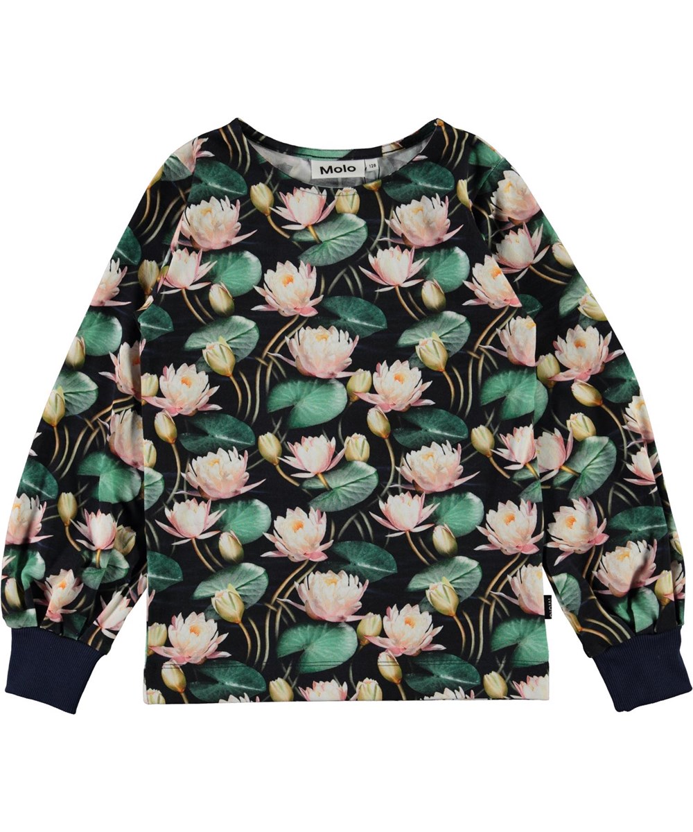Rylee - Water Lilies - Öko-Pullover mit Aquarelldruck und weiten Ärmeln