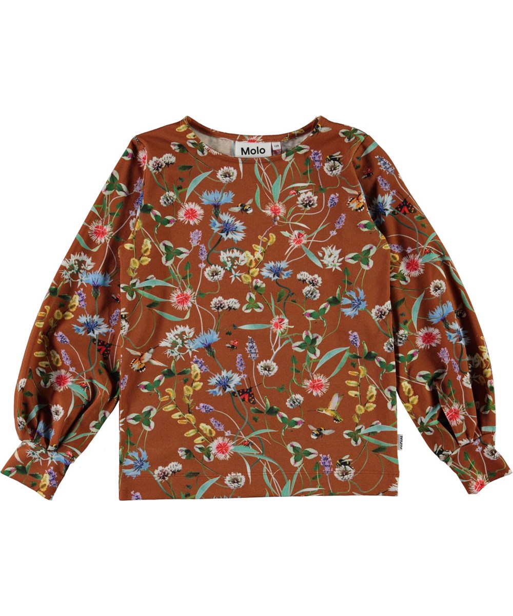 Rylee - Wildflowers - Öko brauner Pullover mit wilden Blumen