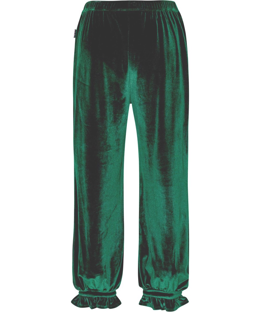 Agnete - Aventurine - Zachte groene fluwelen broek in een ruimvallende pasvorm met prachtige ruches.