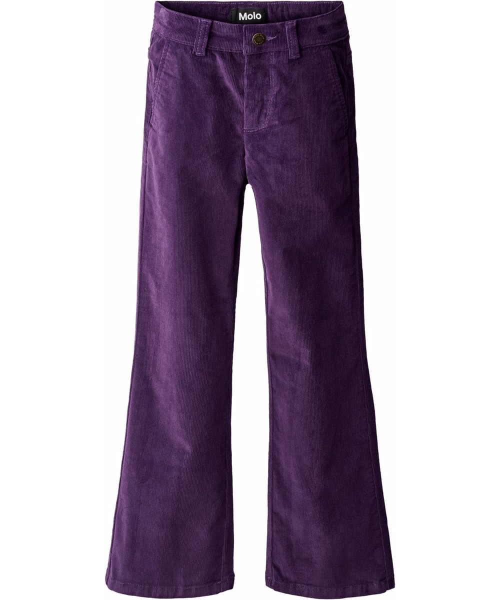 Aida - Space Purple - Paarse kinderbroek gemaakt van zacht katoenen fluweel in een trompetvormige pasvorm.