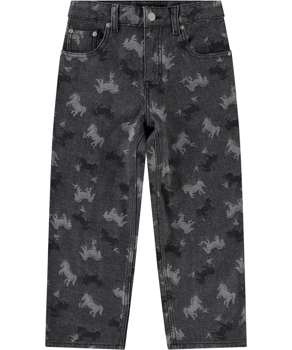 Aiden - Giddy-Up Denim - Donkergrijze kinderjeans met geweven paarden in de stof.