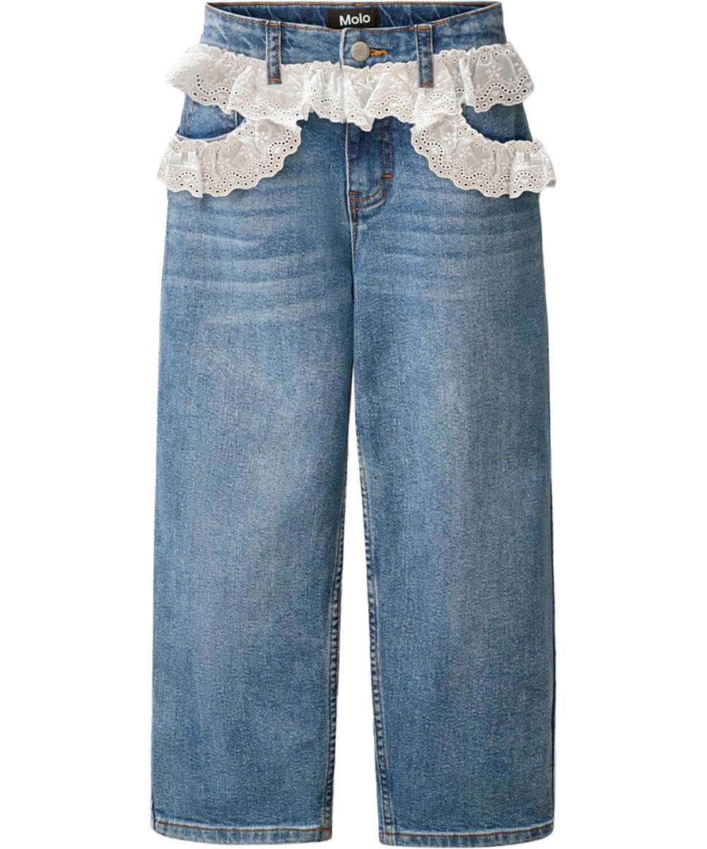 Aiden - Lace Denim - Blauwe kinderspijkerbroek met kantdetail gemaakt van biologisch katoen 