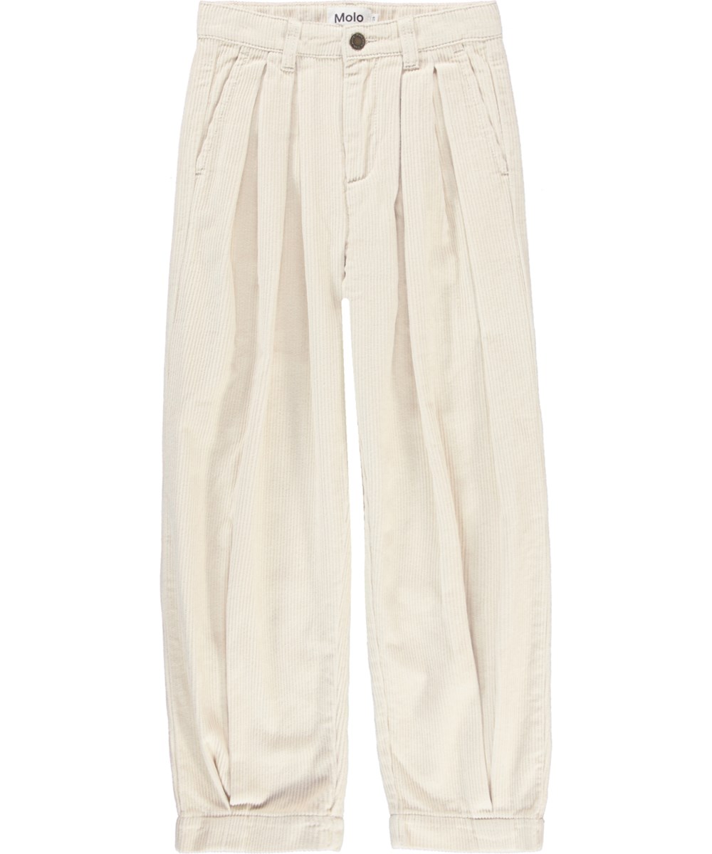 Aleen - Pearled Ivory - Lichtgekleurde corduroy broek met plooien