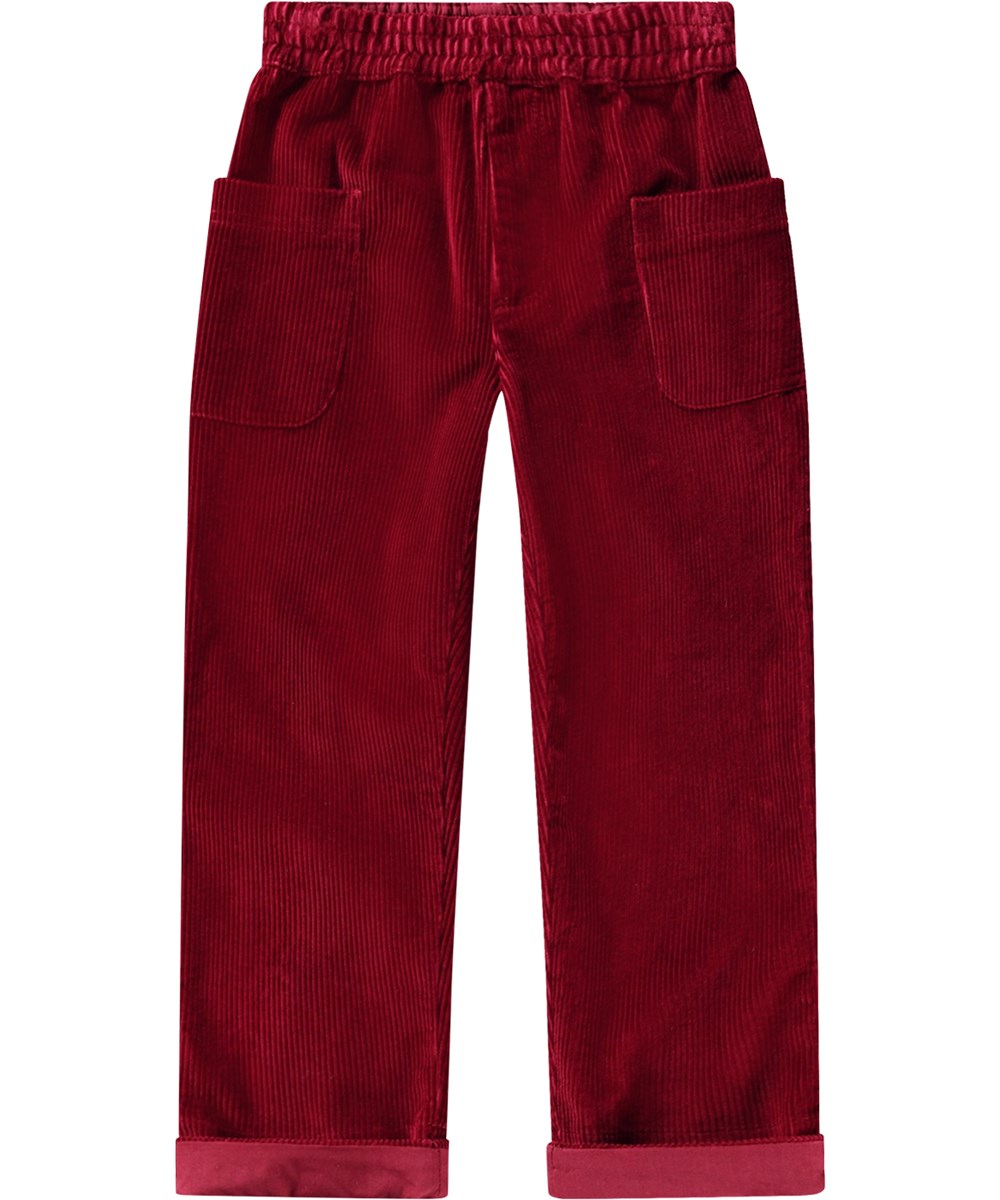 Alfia - Velvety - Bordeauxrode luwelen broek van zacht katoen met een kort en wijde pasvorm.