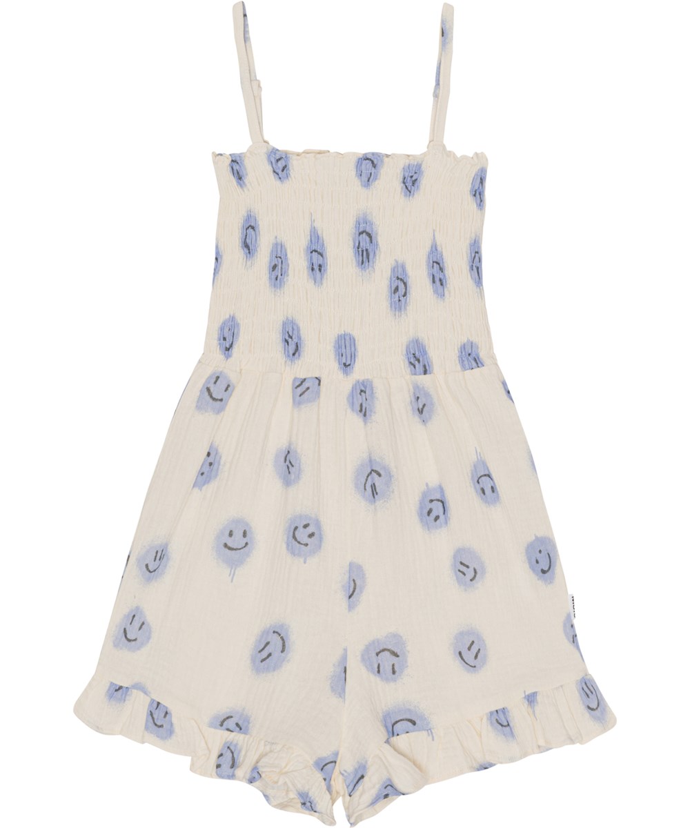 Alicia - Crisp Smiles - Witte jumpsuit met blauwe gezichten