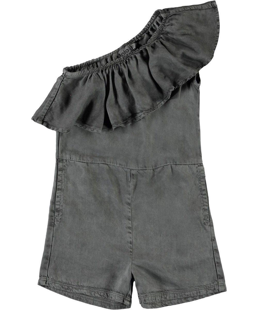 Amira - Grey Pearl - Grijze broekpak met een schuine ruche rand