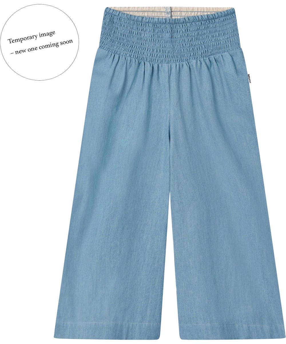 Ania - Sky Indigo - Kinderbroek van biologisch katoen met wijde pijpen.