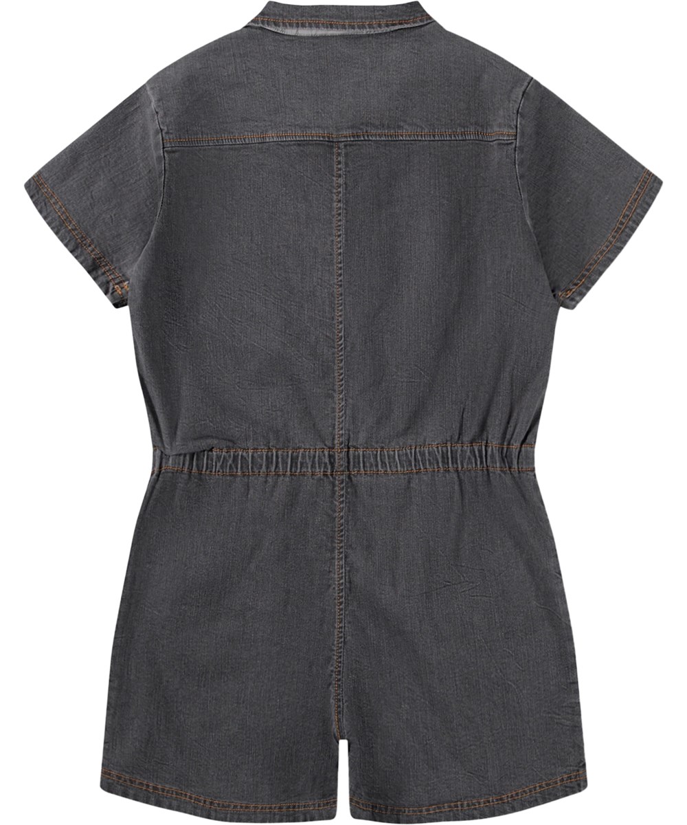 Ann - Washed Grey - Grijze katoenen kinderjumpsuit met korte mouwen
