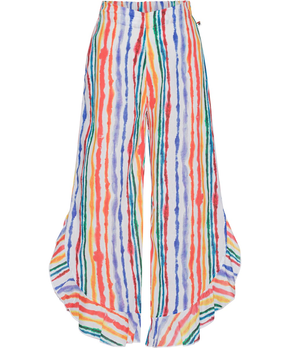 Aretha - Watercolours - Luchtige broek van biologisch katoen met een gestreepte print en ruches