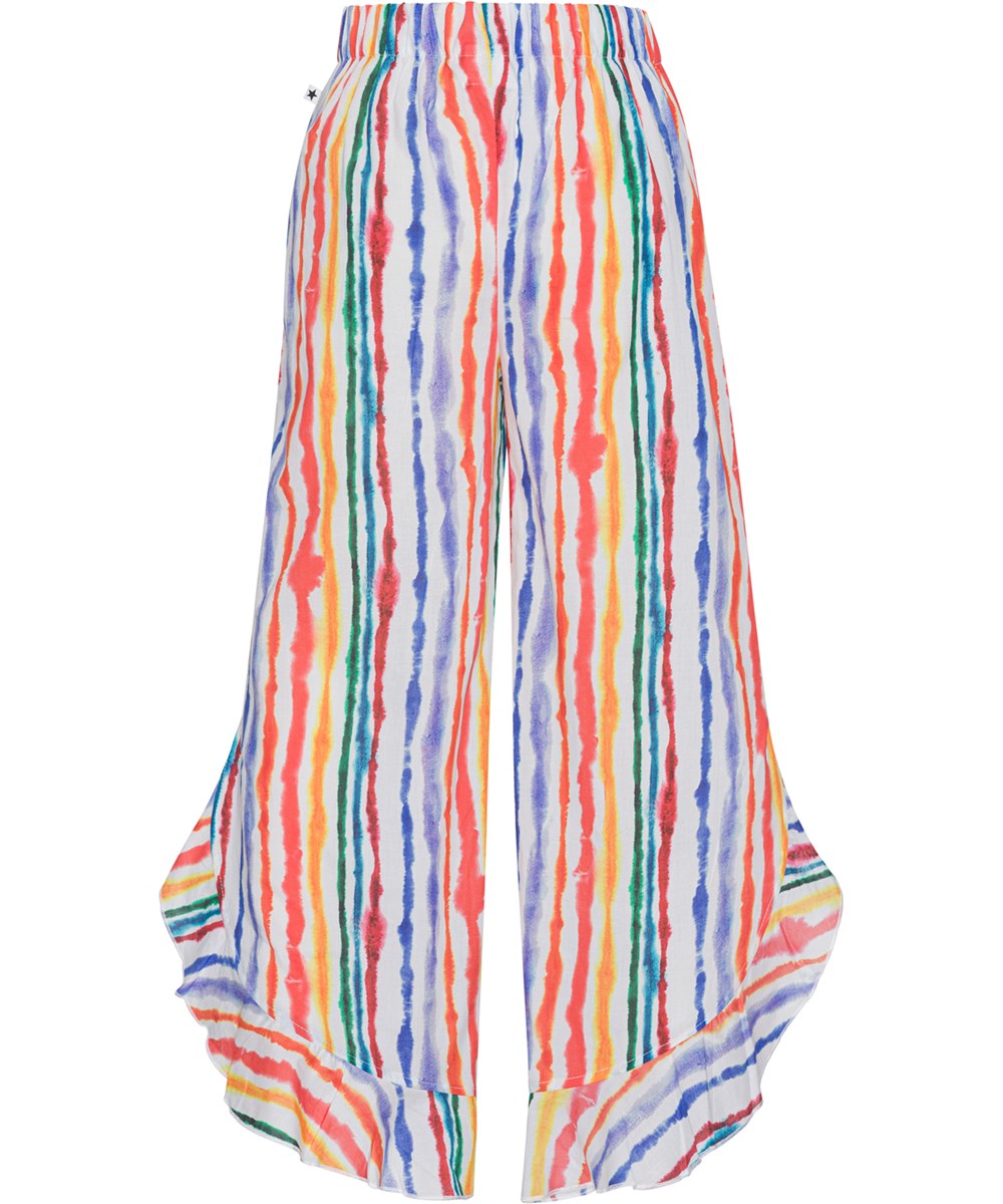 Aretha - Watercolours - Luchtige broek van biologisch katoen met een gestreepte print en ruches