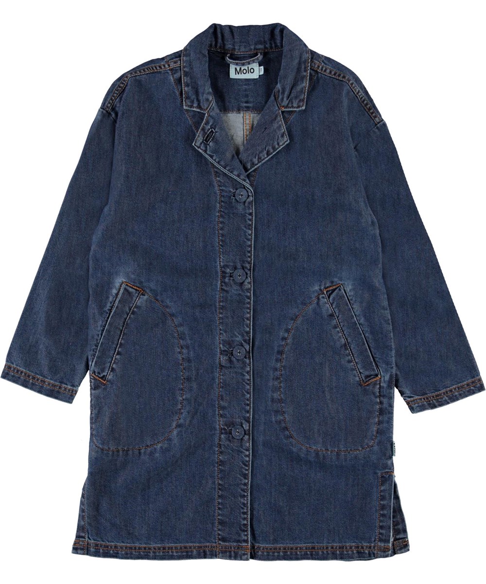 Hana - Washed Indigo - Lange blauwe spijkerjas