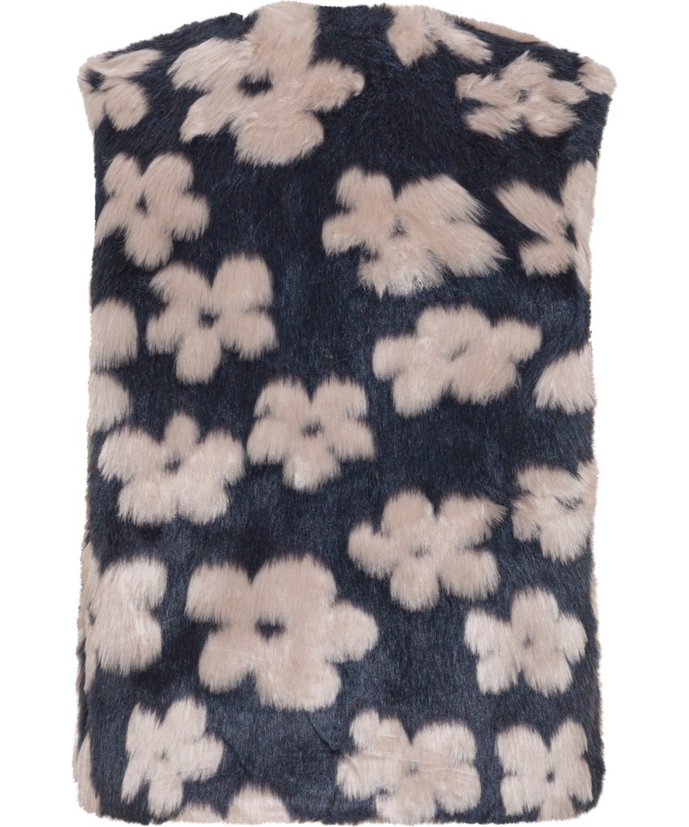 Hatcha - Flower Fur - Zwarte gilet van imitatiebont met beige bloemen