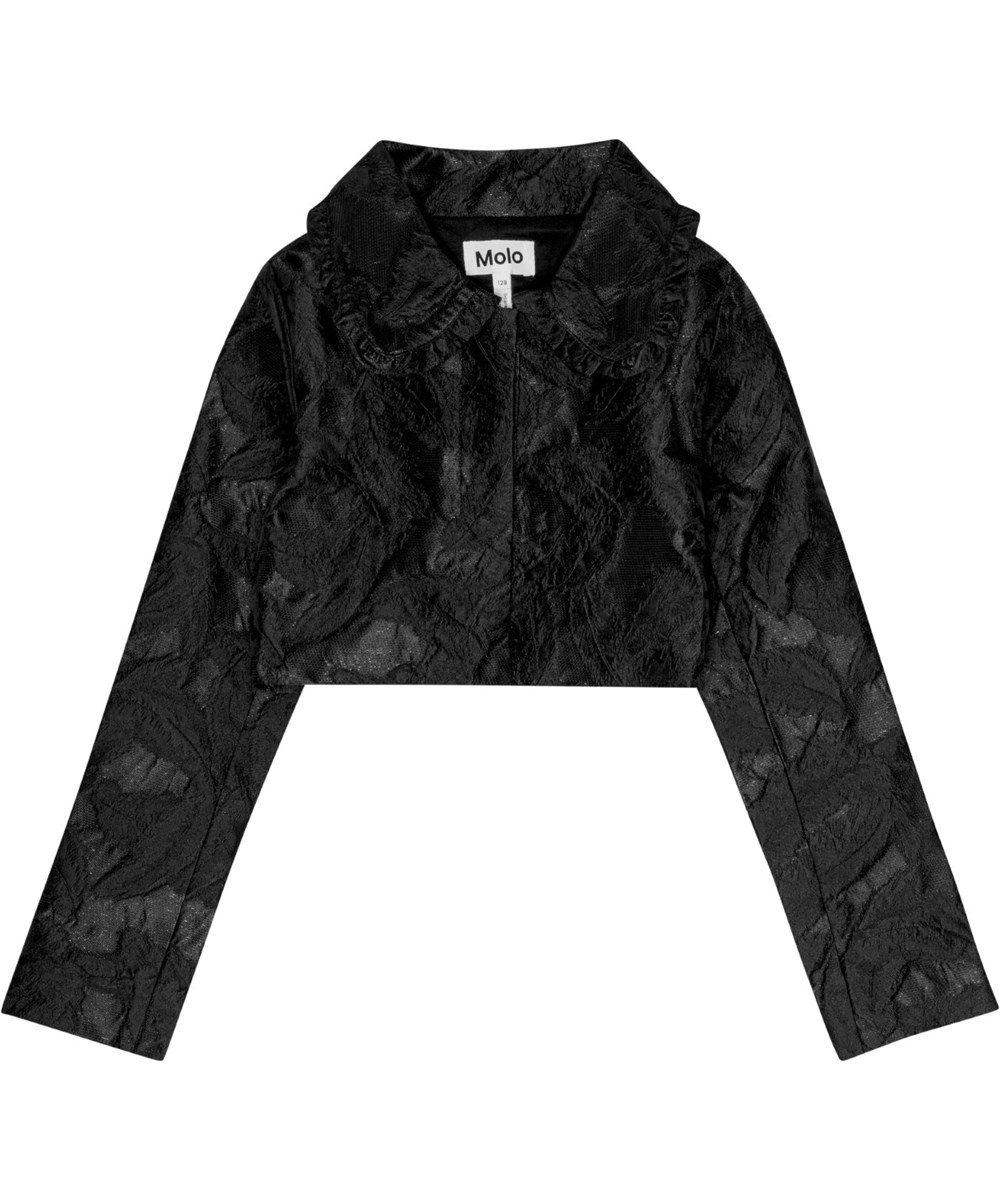 Helenka - Black - Verfijnde zwarte jacquard bolero jas met gerimpelde kraag en prachtige bladprint.
