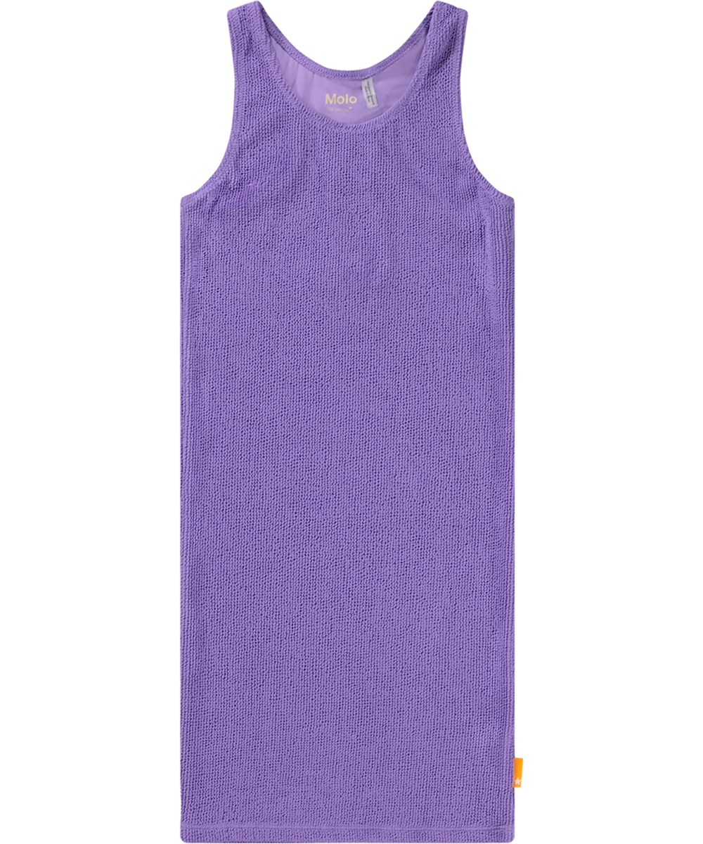 Cailey - Purple Glo - Elastische paarse kinder tanktopjurk met structuur, brede bandjes en ronde hals.
