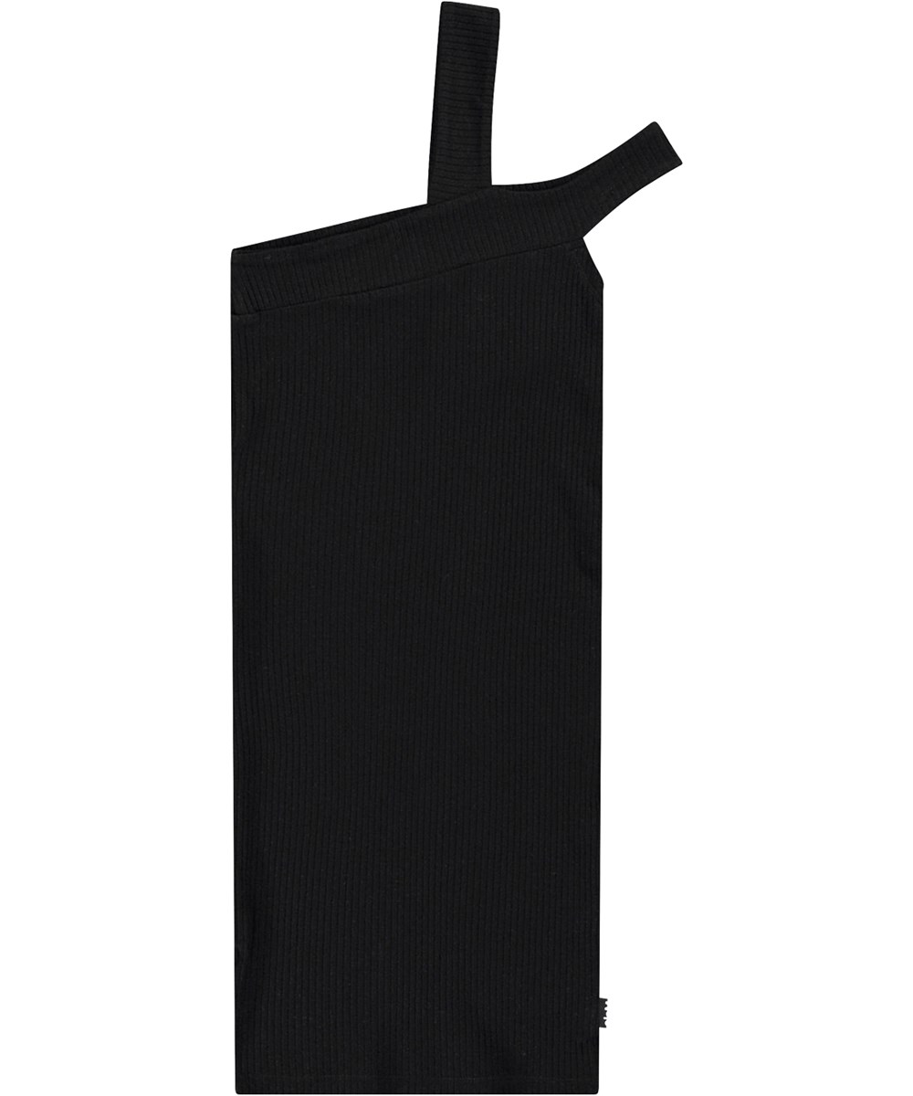 Callista - Black - Knielange zwarte strappy kinderjurk van elastische zachte viscose rib.