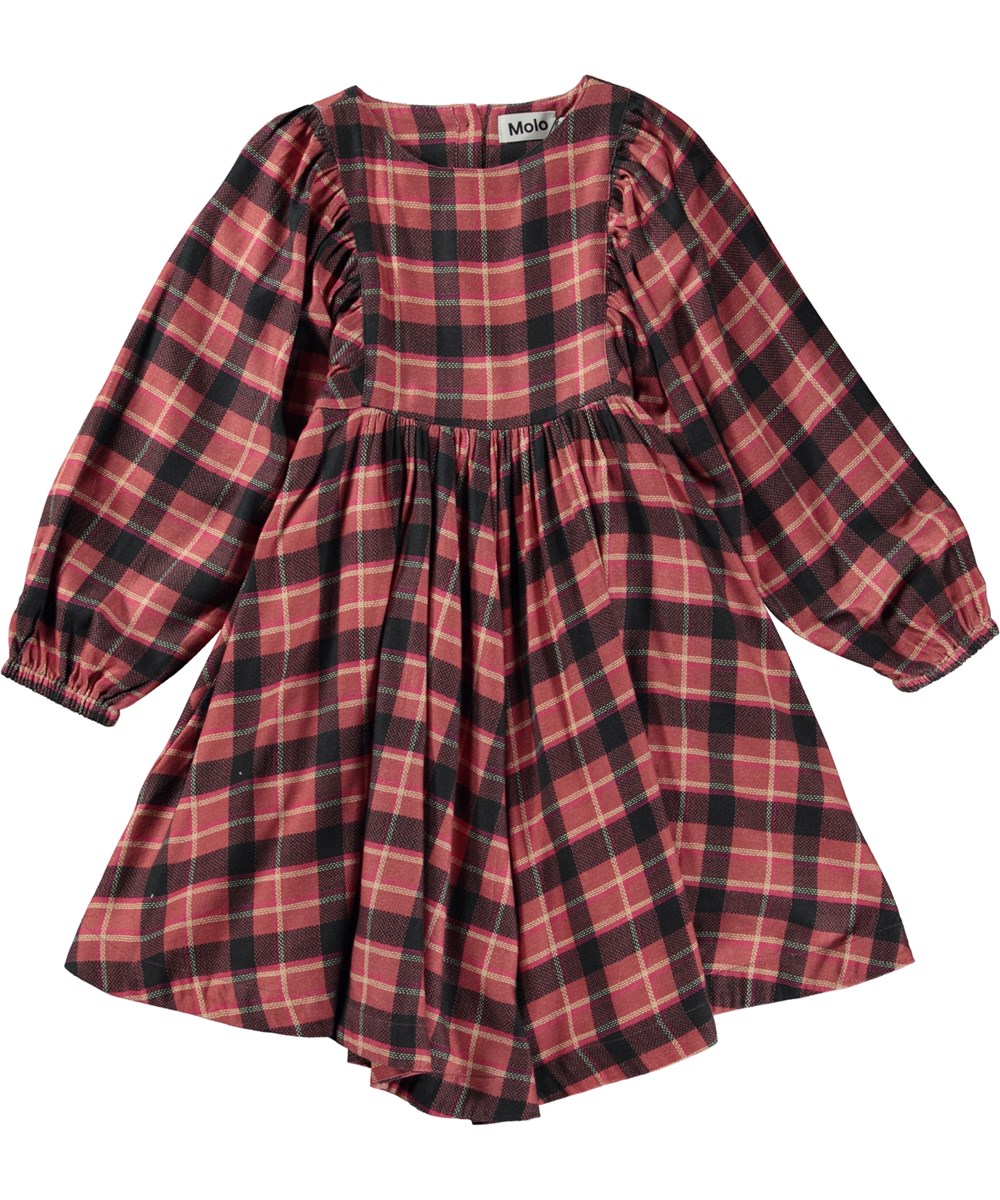 Caly -  Rose Check - Rood geruite knielange jurk