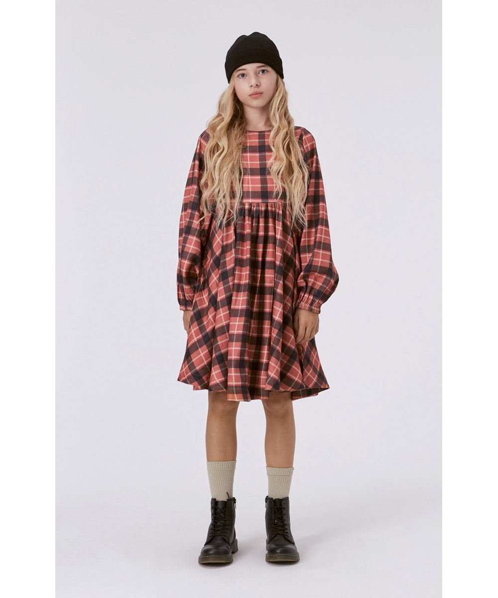 Caly -  Rose Check - Rood geruite knielange jurk