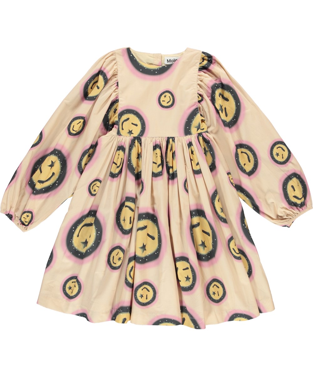 Caly - Space Happy AOP - Lichtgele biologische jurk met smiley print