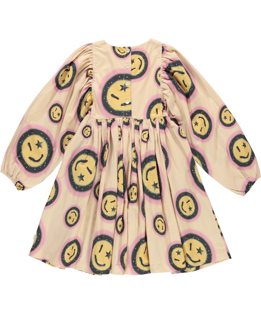 Caly - Space Happy AOP - Lichtgele biologische jurk met smiley print